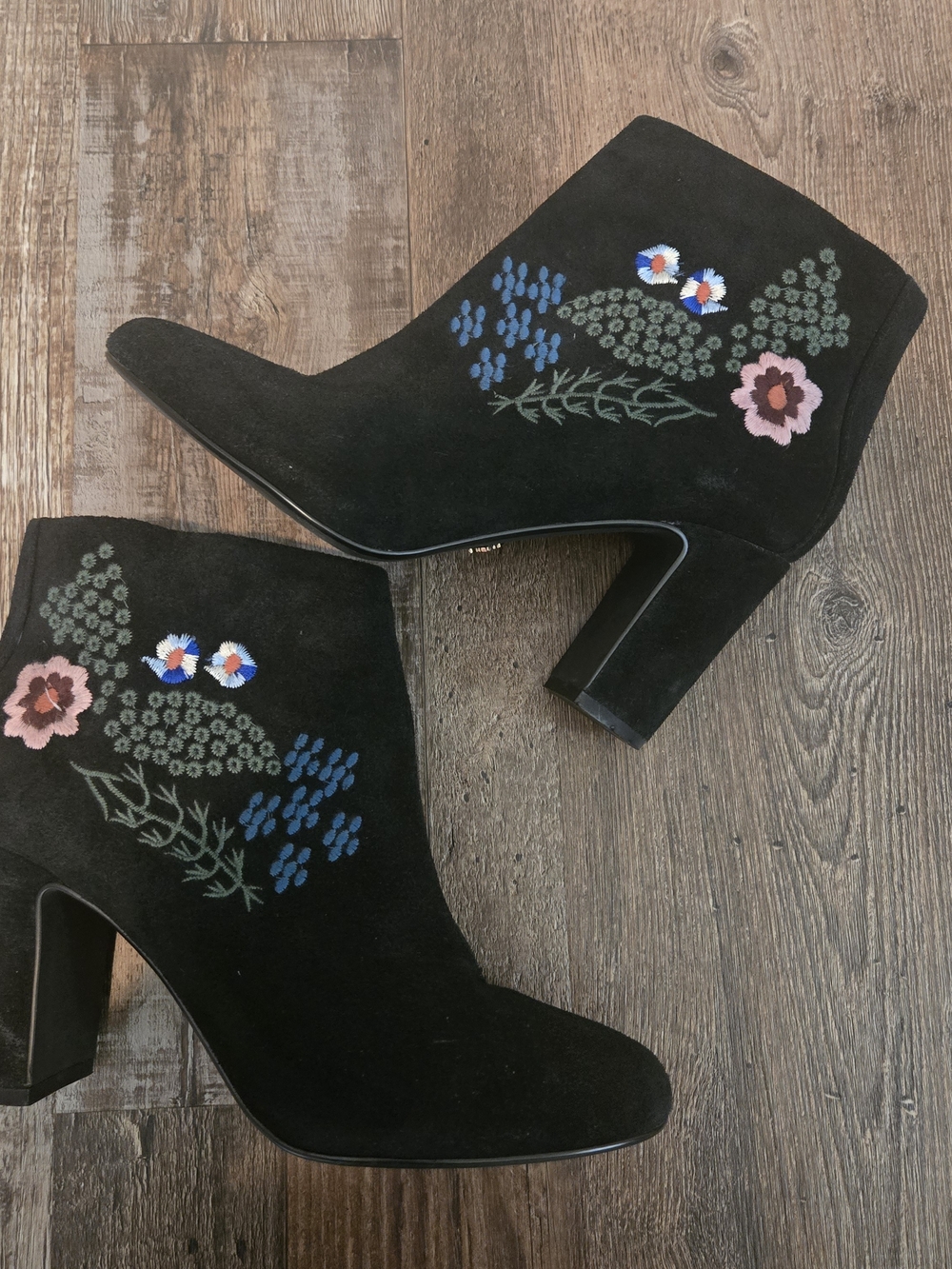 Impo Black Suede Ankle Boots with Multicolor Floral Embroidery